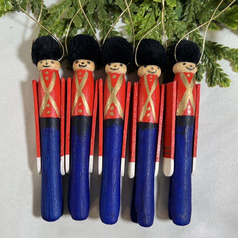 Vintage Lot of 5 Handmade Clothes Pin Toy Soldier Christmas Ornaments Clothespin